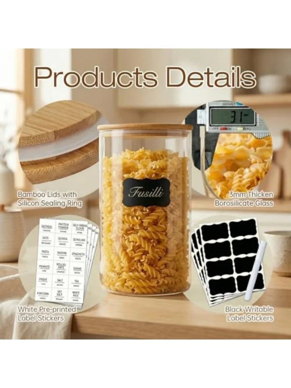 4-Pack 53 oz Round Glass Food Storage Containers with Airtight Bamboo Lids